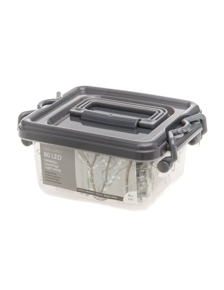 Valoketju 80-ledin kylmä valkoinen muovirasiassa